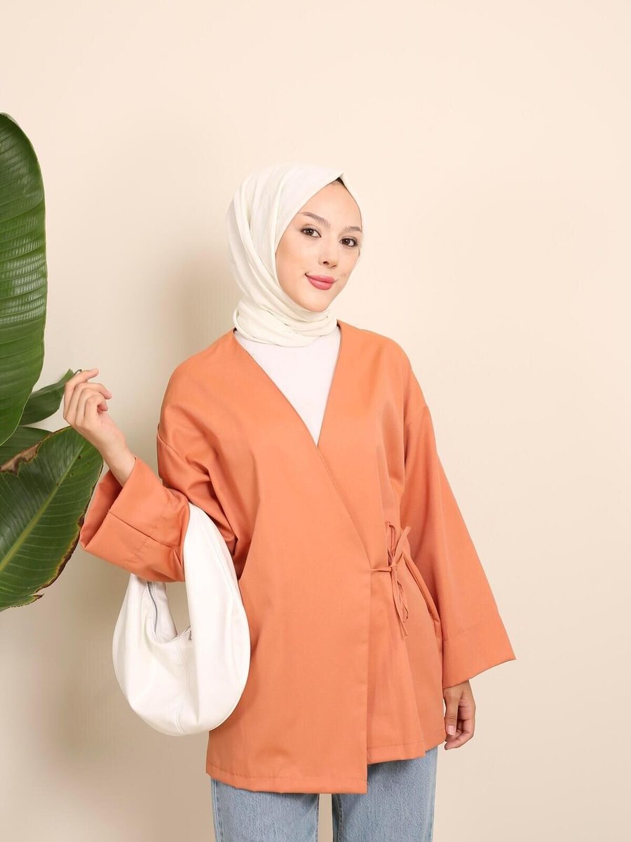 Nergis Neva Butik Oranj Yandan Bağlamalı Kimono Tunik