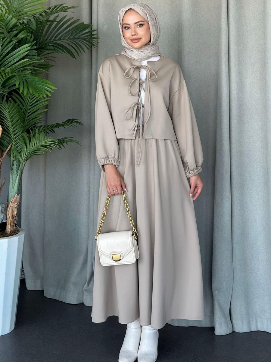 Haza Moda Bella Bağcıklı Etekli Scuba Takım Bej