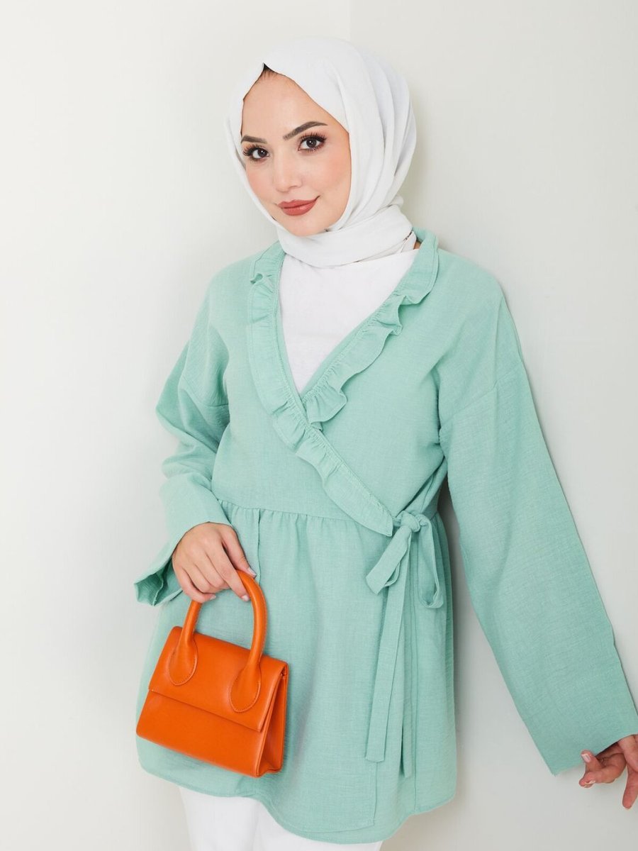 VOLT CLOTHİNG Yeşil Yaka Fırfırlı Bağlamalı Tunik