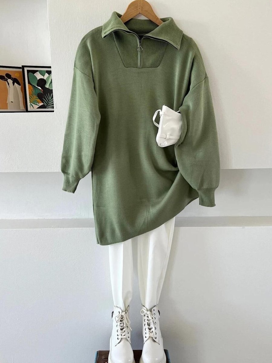 Nergis Neva Butik Mint Yaka Fermuarlı Triko Tunik