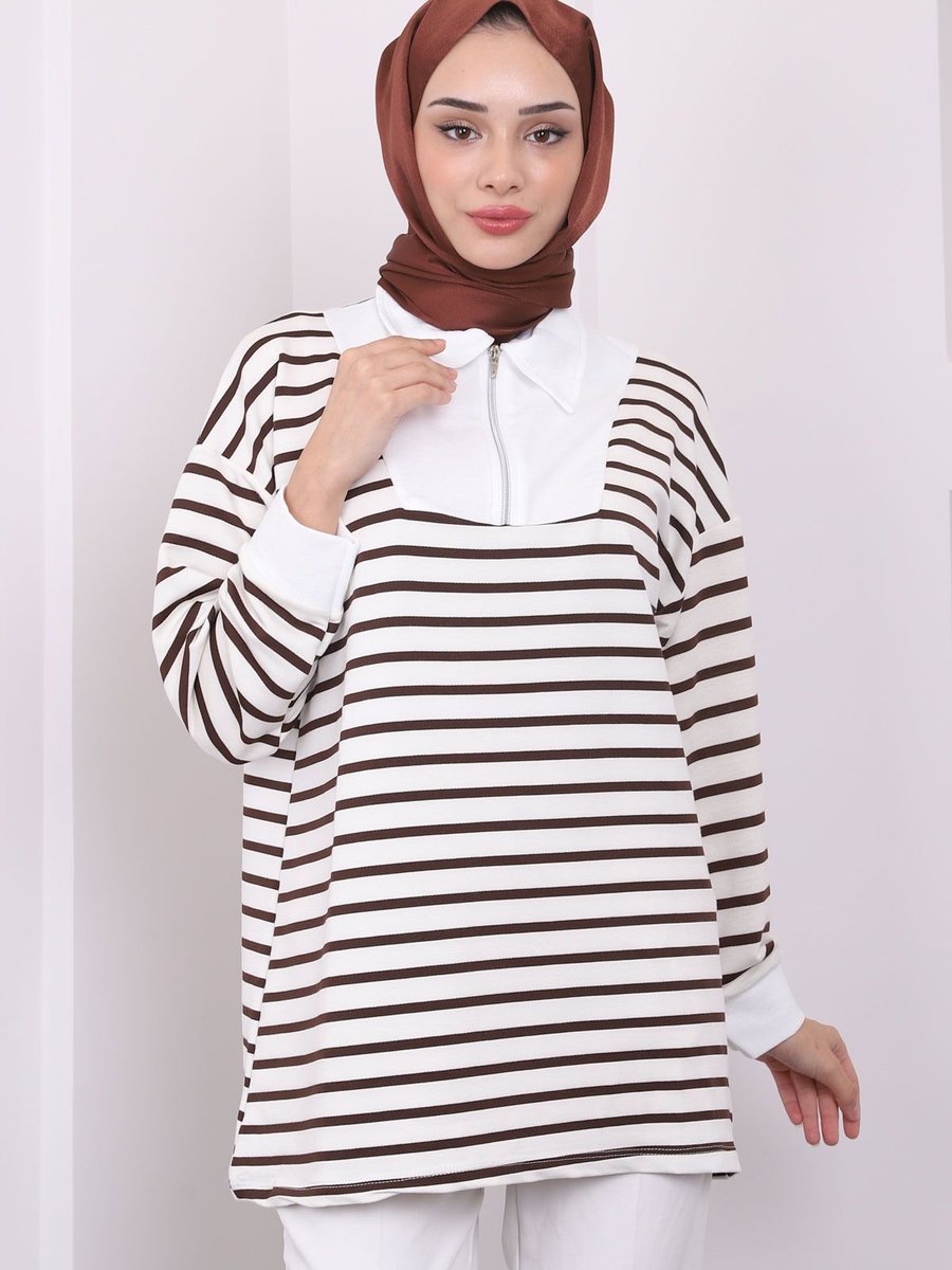 İmajbutik Koyu Kahve Yaka Fermuarlı Çizgili İki İplik Sweatshirt