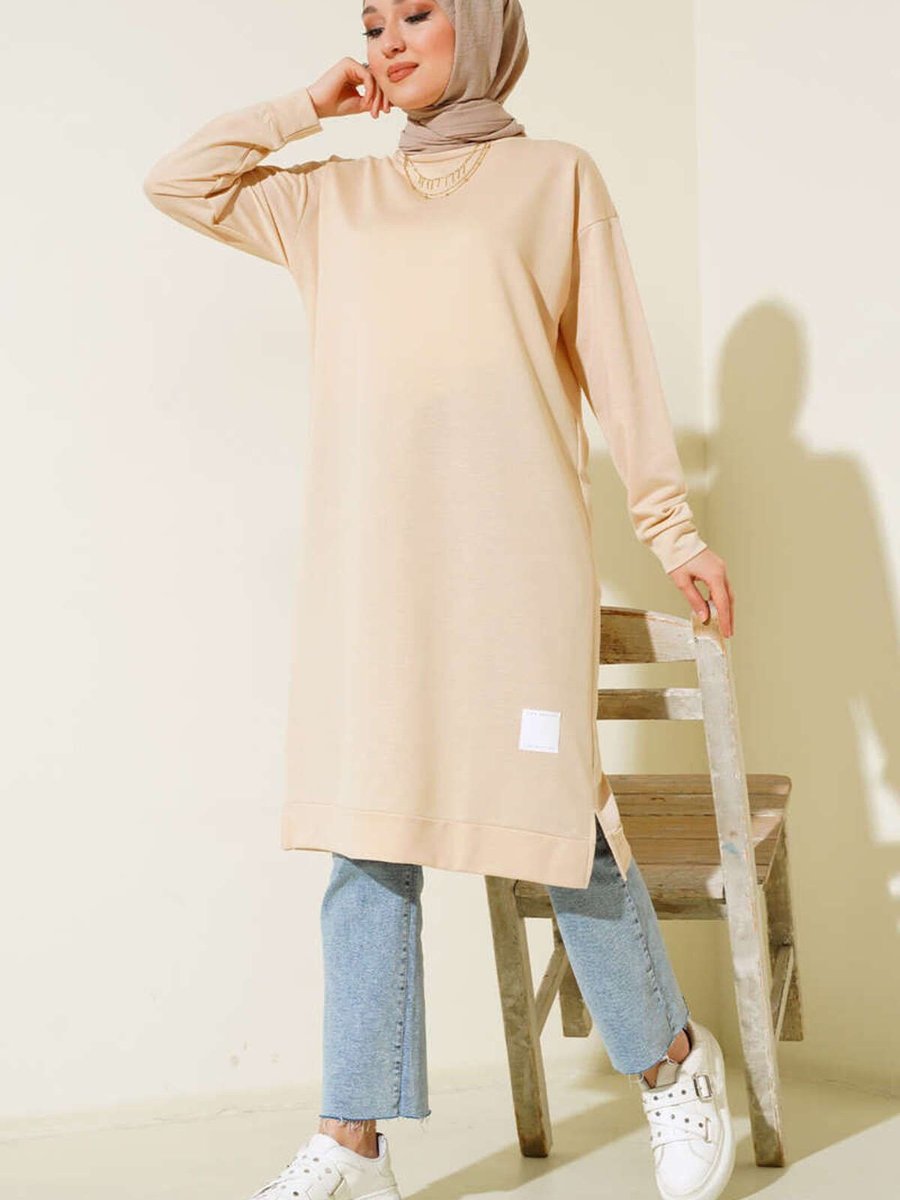 Yazgı Moda Arma Detaylı Uzun Tunik Bej