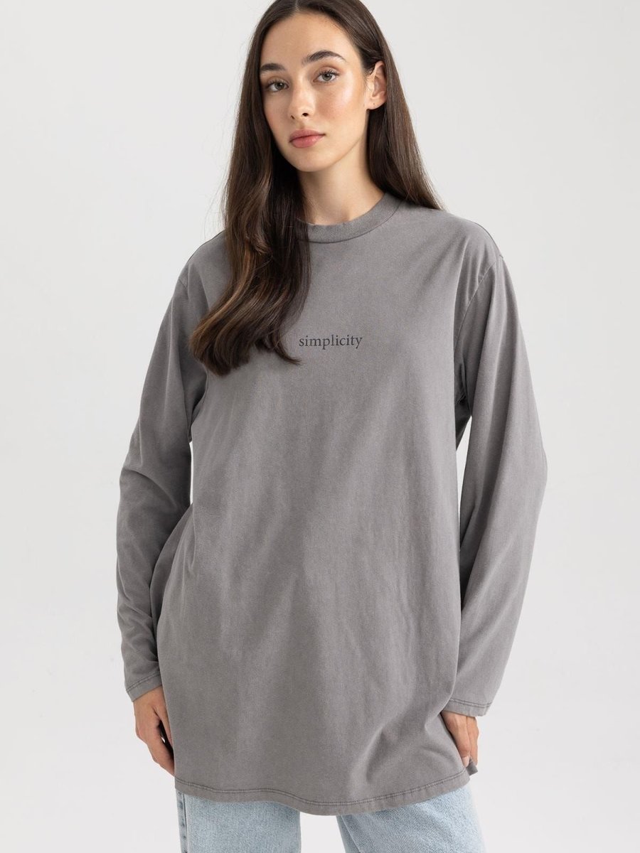 Defacto Regular Fit Yarım Balıkçı Yaka Slogan Desenli Uzun Kollu Tunik