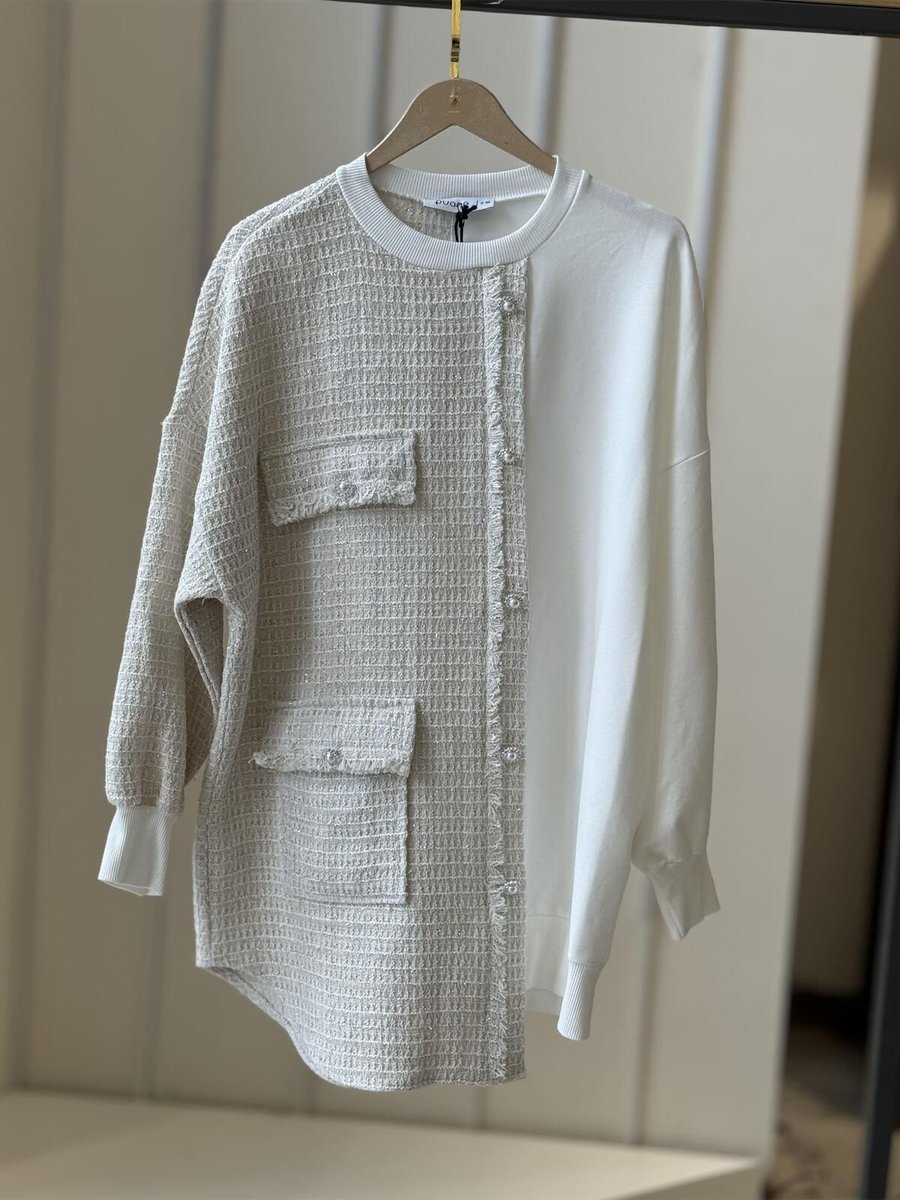 Puane Cep Ve Düğme Detaylı Ekru Sweatshirt