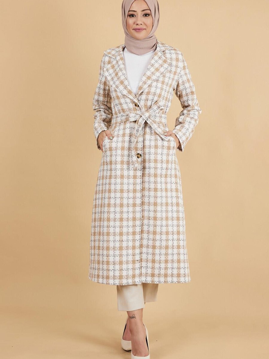 Modamihram Bej Geniş Yaka Şanel Kumaş Kaşe Kaban