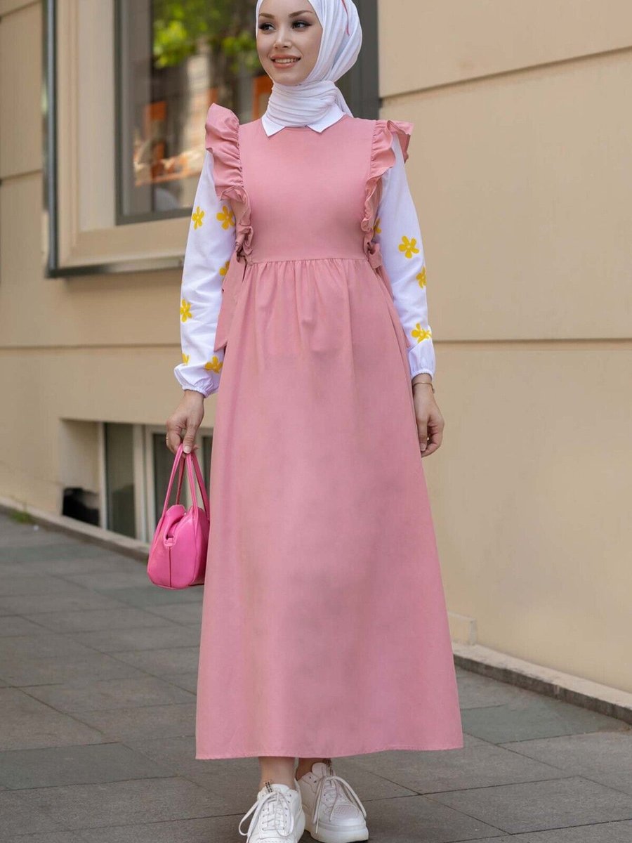 Tofisa Düz Bisiklet Yaka Pembe Gömlek Elbise