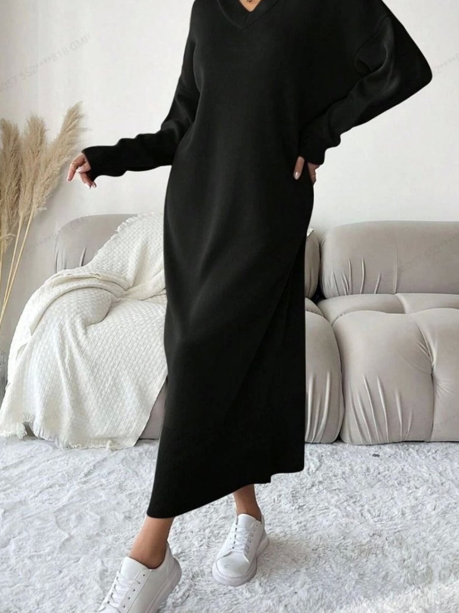 QLAY Siyah Oversize V Yaka Uzun Kol Triko Elbise