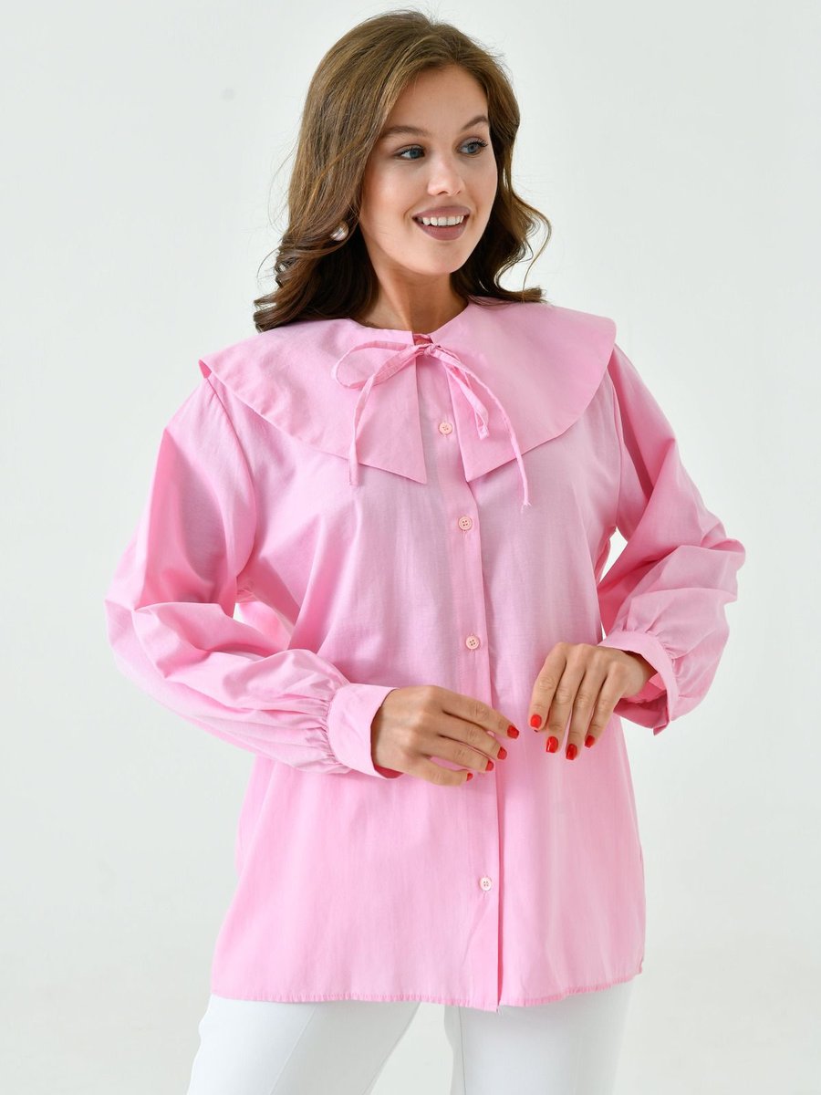 Moonsc Geniş Yakalı Poplin Tesettür Gömlek Pembe