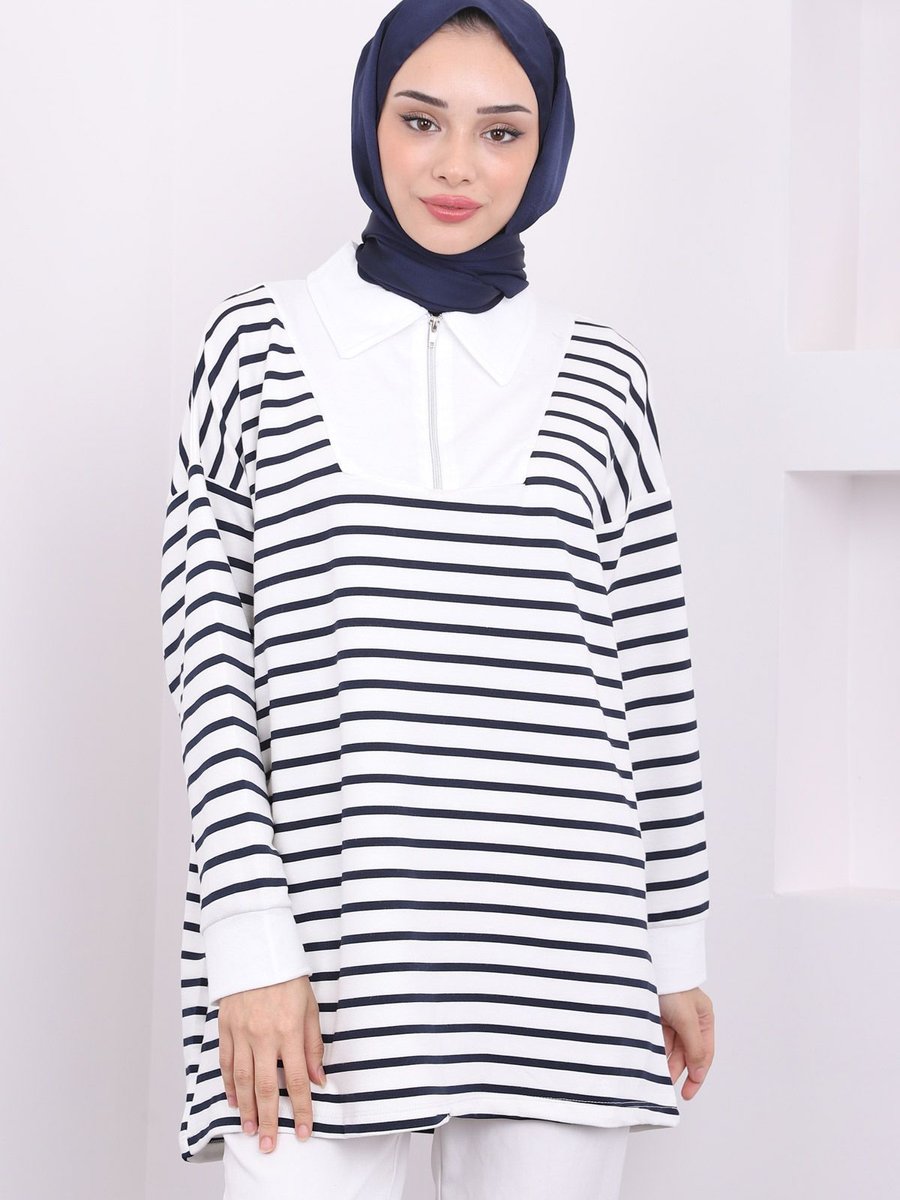 İmajbutik Lacivert Yaka Fermuarlı Çizgili İki İplik Sweatshirt