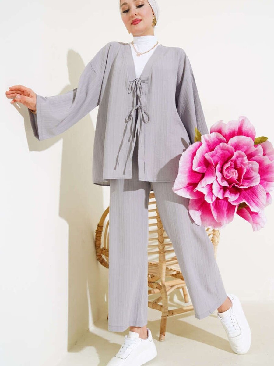 VOLT CLOTHİNG Gri Önü Bağlamalı Kimono İkili Takım