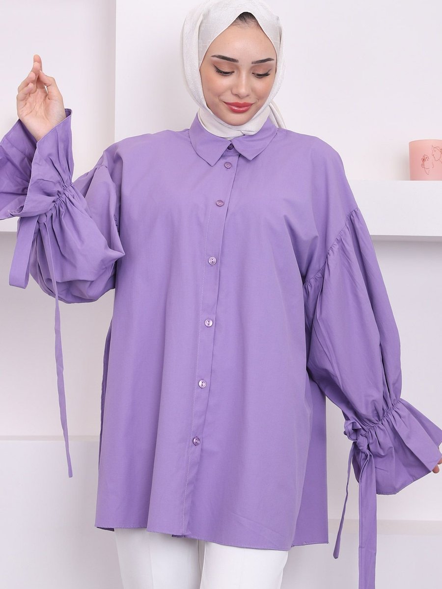 İmajbutik Lila Balon Kol Detaylı Terikoton Gömlek