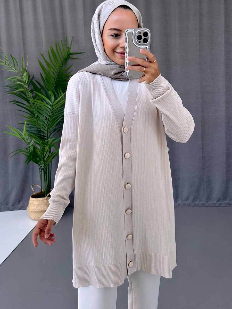 Ka Hijab Button Fitilli Merserize Hırka Taş
