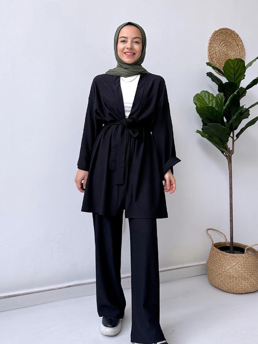 Ka Hijab Fakir Kol Kemerli Kimono İkili Takım Siyah