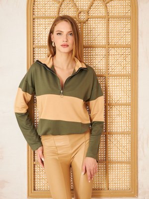 Pasaklı Giyim Haki Bej Uzun Kol Fermuarlı Polo Yaka Color Block Basic Salaş Bluz Sweatshirt