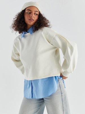 Markaliste Balon Kol Kısa Scuba Tunik Ekru