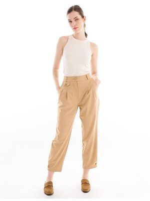 Kayra Pileli Aksesuar Detaylı Beli Lastikli Pantolon Bej