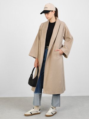 Benin Kahverengi Kuşak Detaylı Şal Yaka Uzun Kaban