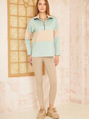 Pasaklı Giyim Mint Bej Uzun Kol Fermuarlı Polo Yaka Color Block Basic Salaş Bluz Sweatshirt