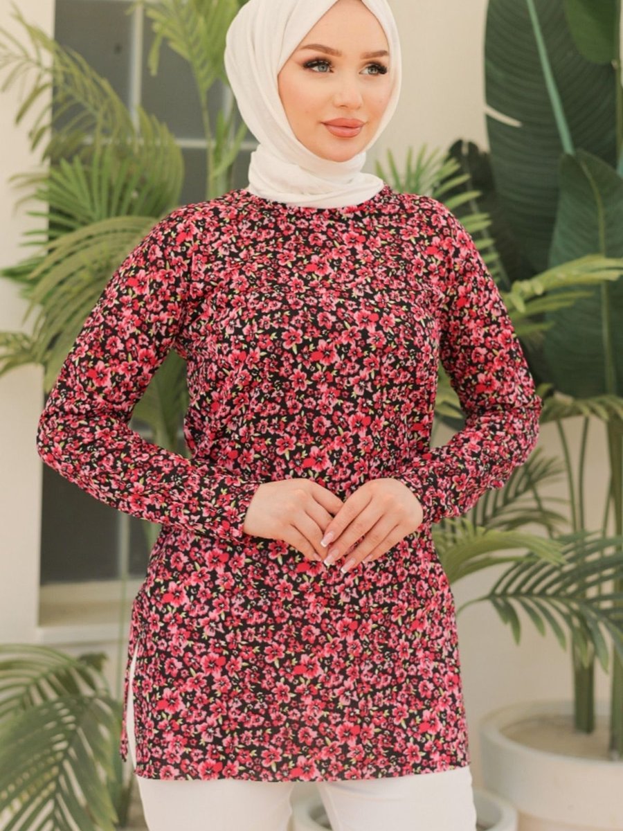 Bestenur Çıtır Çiçek Desen Tunik Fuşya