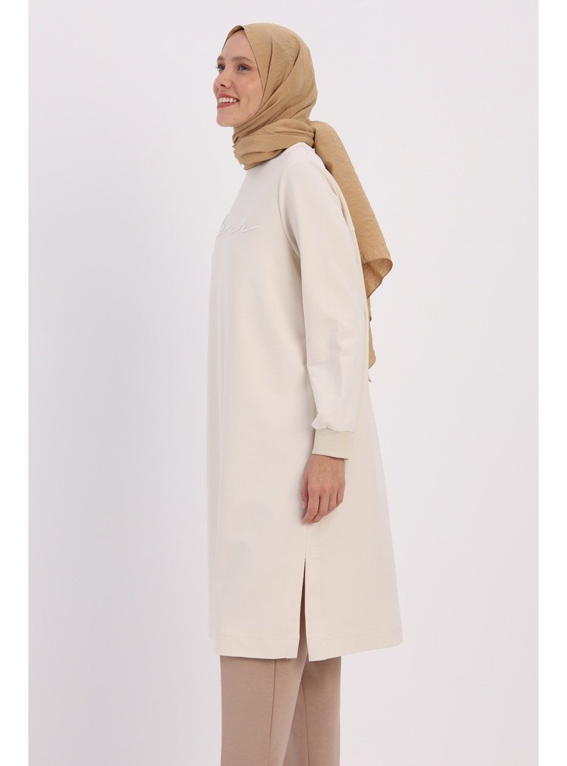 Allday Ekru Nakışlı Arkası Pilikaşe Detaylı Sweat Tunik