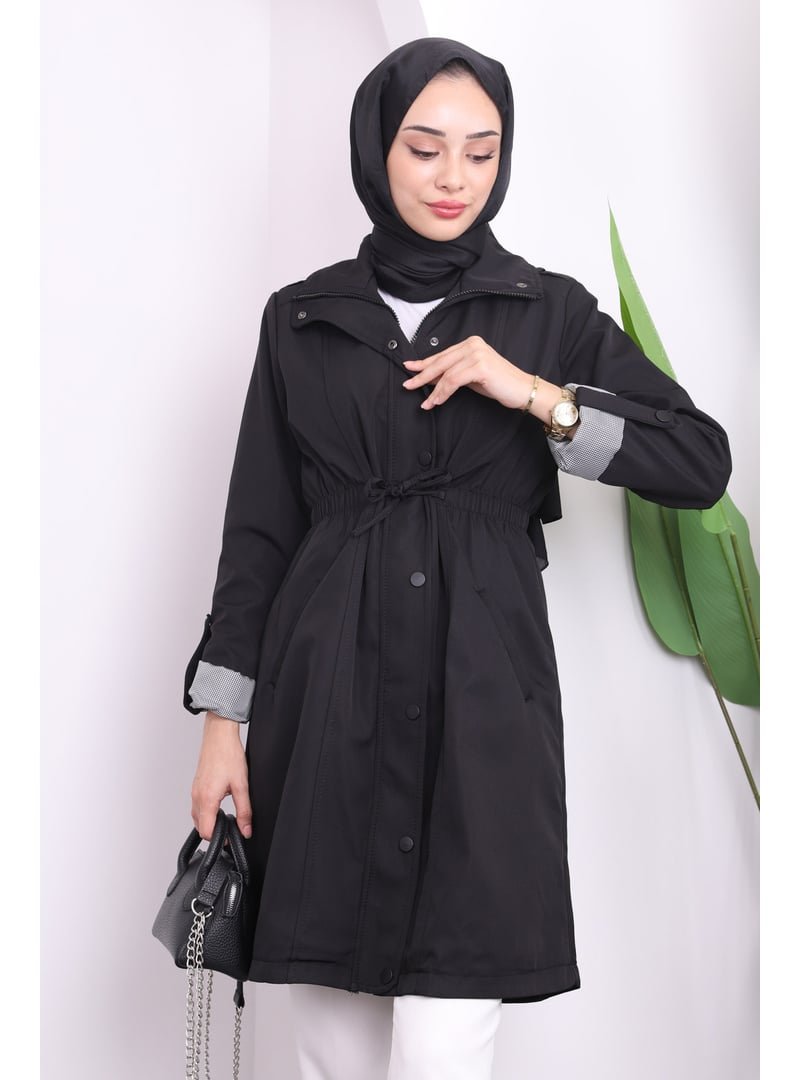 İmaj Butik Siyah Cepli Ön Fermuarlı Trençkot