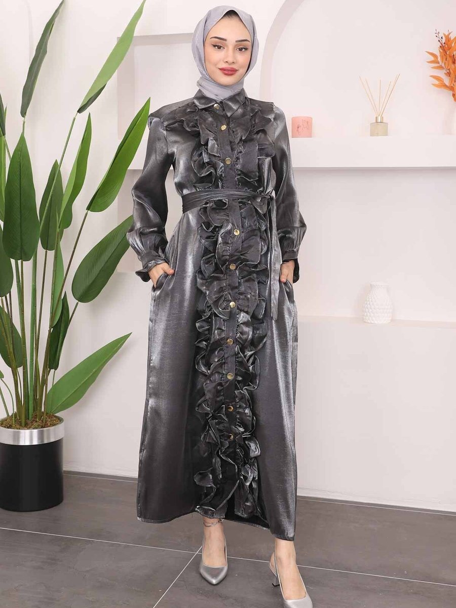 İmajbutik Füme Kol Yaka Fırfırlı Parlak Elbise
