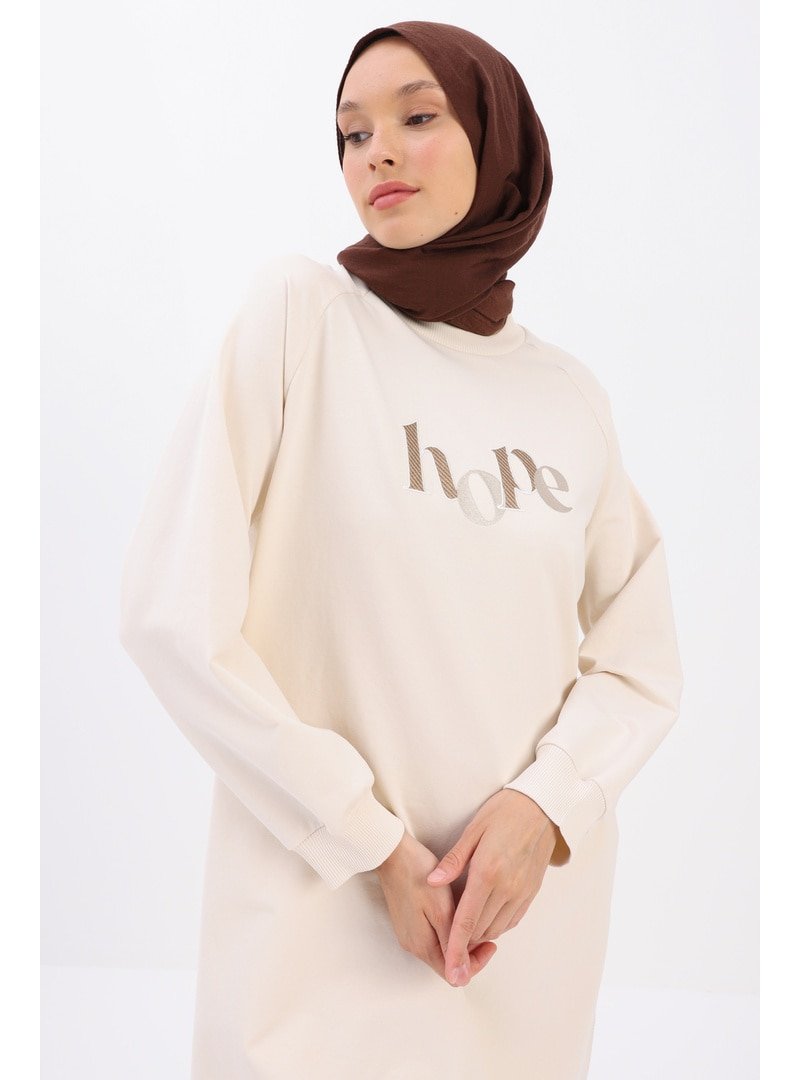 Allday Ekru Nakışlı Fermuar Detaylı Reglan Kol Sweat Tunik