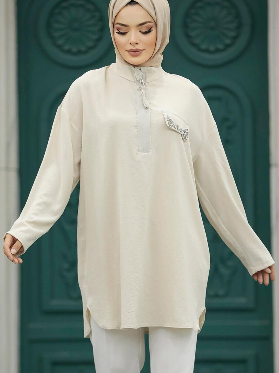 Neva Style Fermuar Detaylı Bej Tunik
