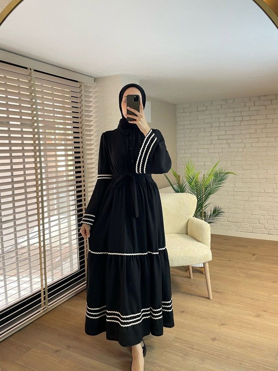 VOLT CLOTHİNG Siyah Yaka Nakışlı Keten Gömlek Elbise
