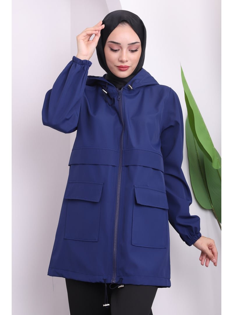 İmaj Butik Lacivert Kapüşonlu Fermuarlı Kısa Trenç
