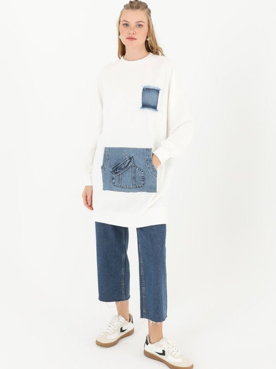 Puane Ekru İki İplik Kot Garnili Kanguru Cep Sweatshirt