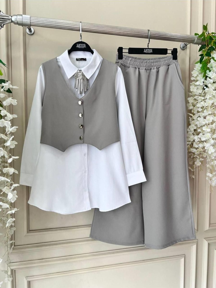 Moda Periy Yelek Gömlek Pantolon Takım Tesettür 3'lü Kombin