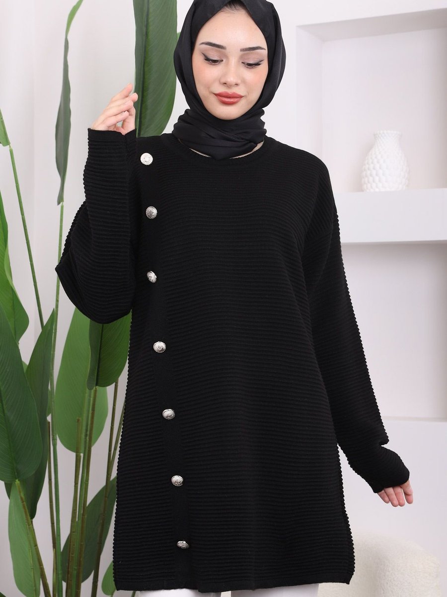 İmajbutik Siyah Düğme Detaylı Gofralı Triko Tunik