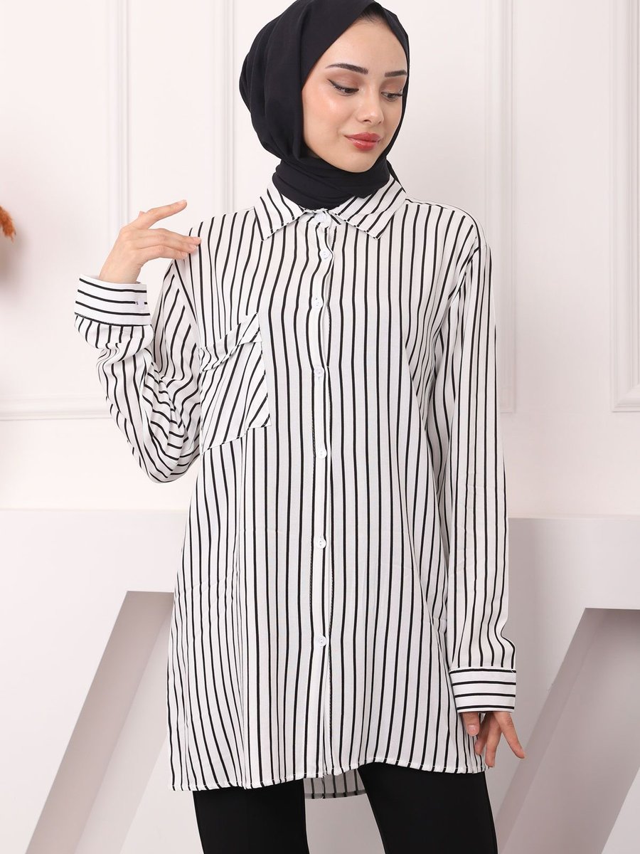 İmajbutik Beyaz Çizgili Tek Cepli Gömlek