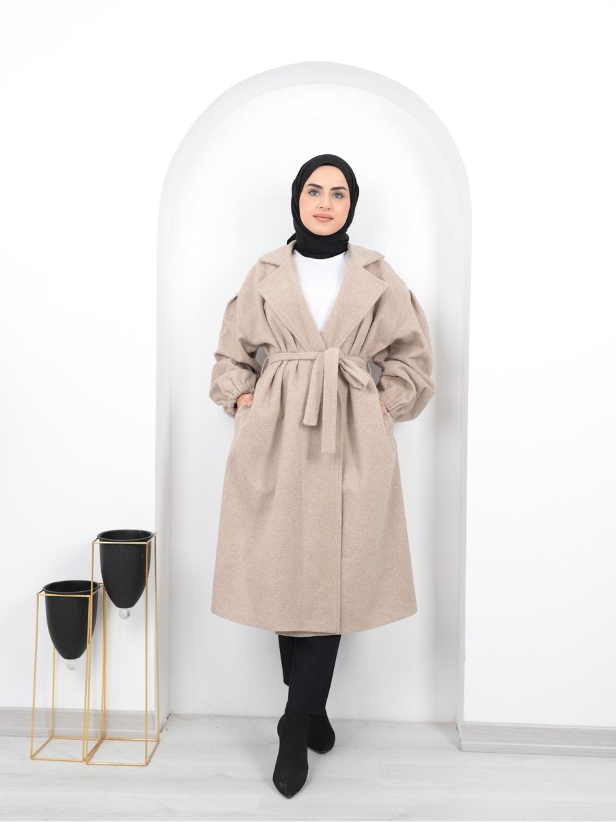Aranlı Tekstil Kuşaklı Kolları Büzgülü Kaban