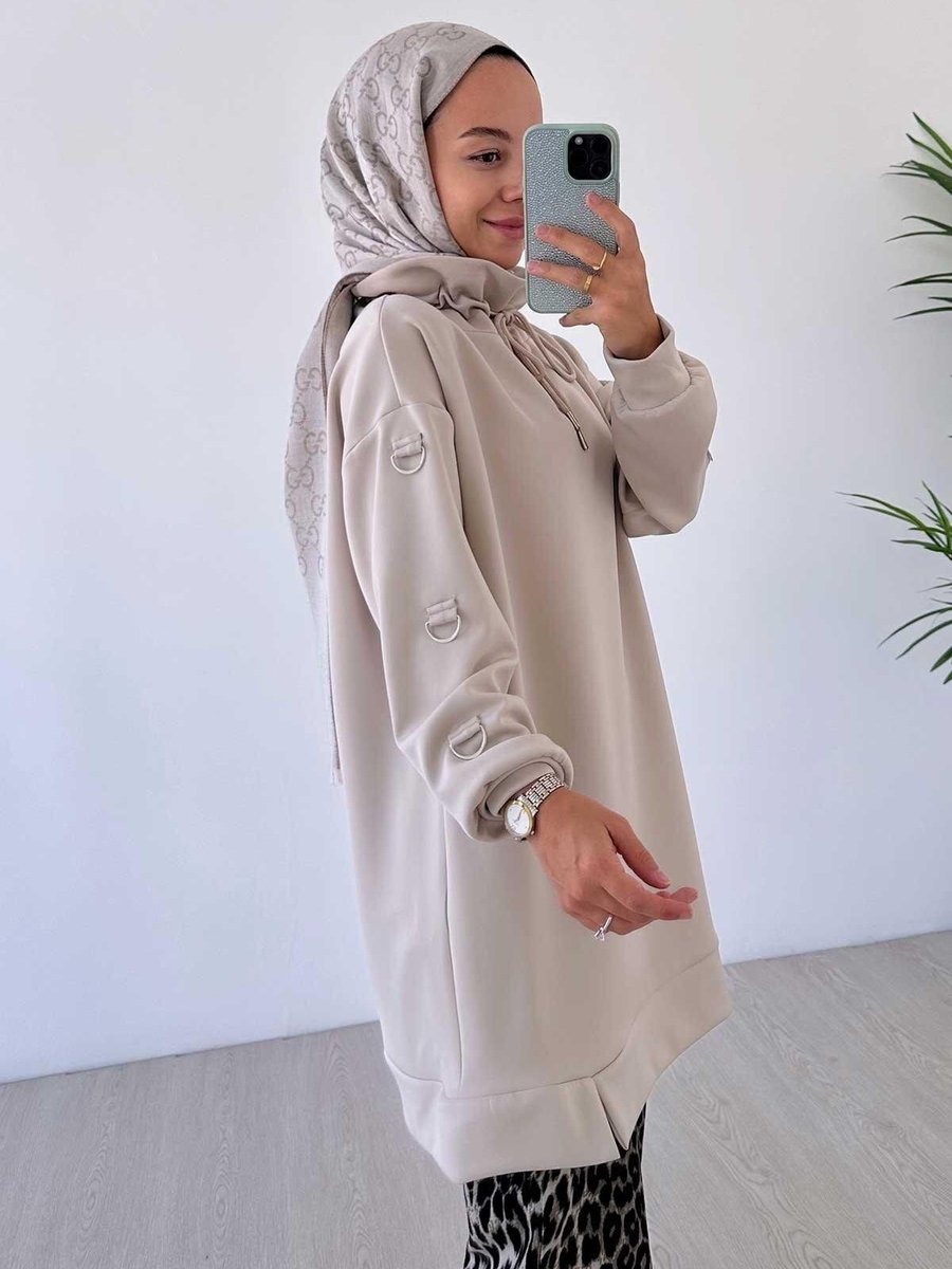 Ka Hijab Halka Detaylı Oversize Scuba Sweatshirt Bej