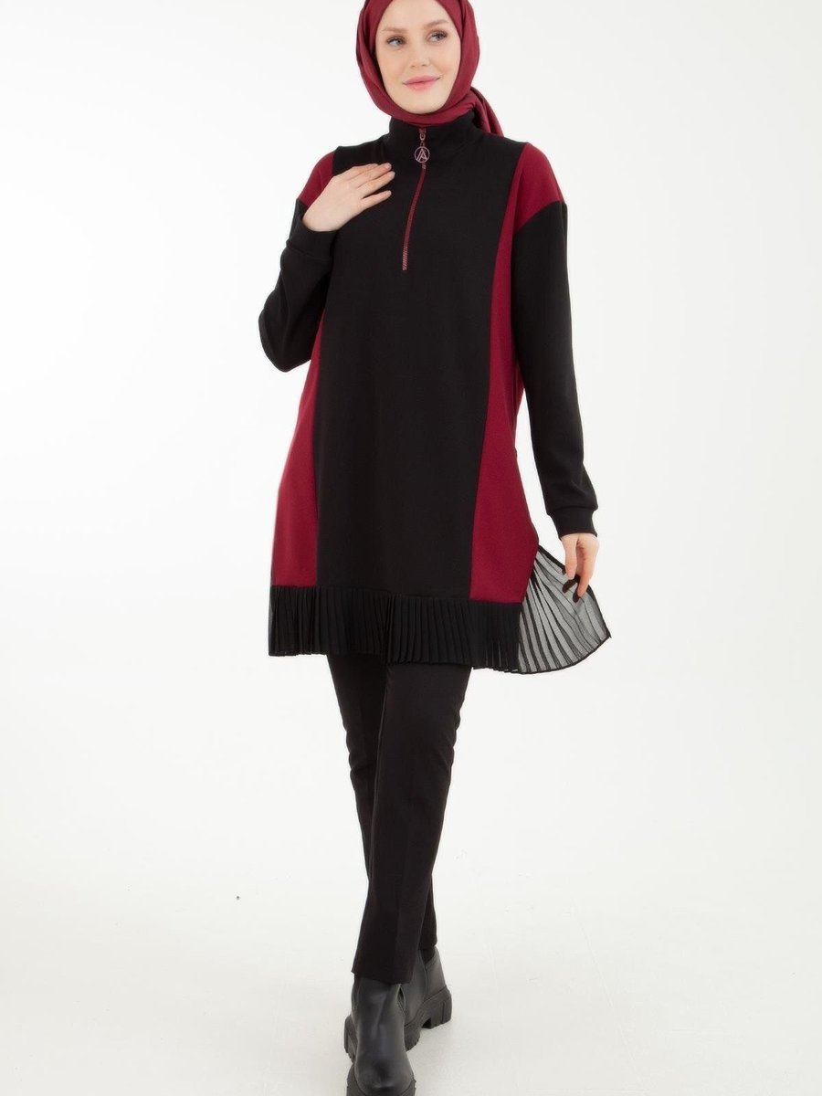 Armine Trend Armine Trend Önden Fermuarlı Plise Detaylı Tunik Bordo