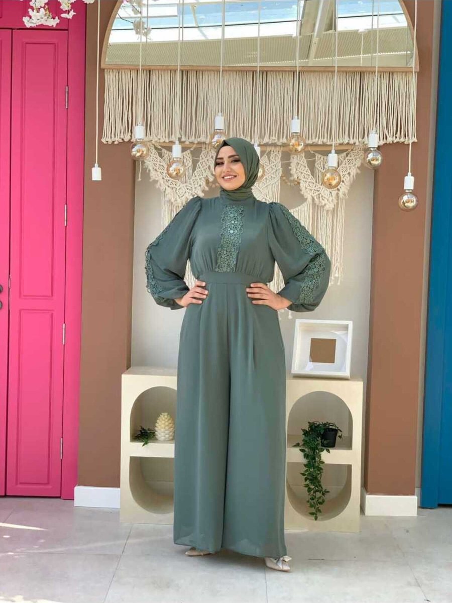 Bym Fashion Dantel İşleme Detay Kol Manşetleri Lastikli Şifon Tulum Mint