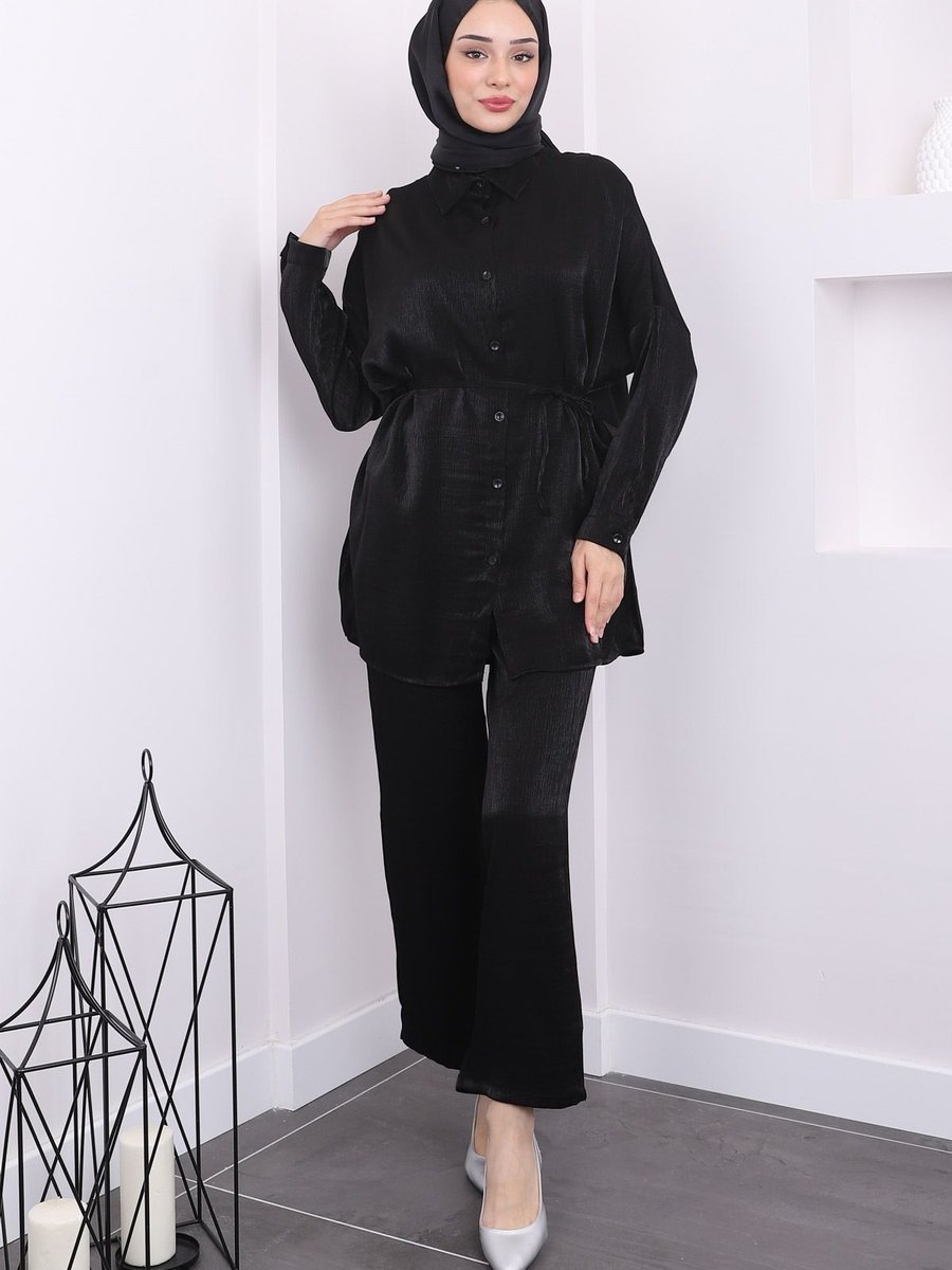 İmajbutik Siyah Bel Kuşaklı Tunik Pantolon Takım