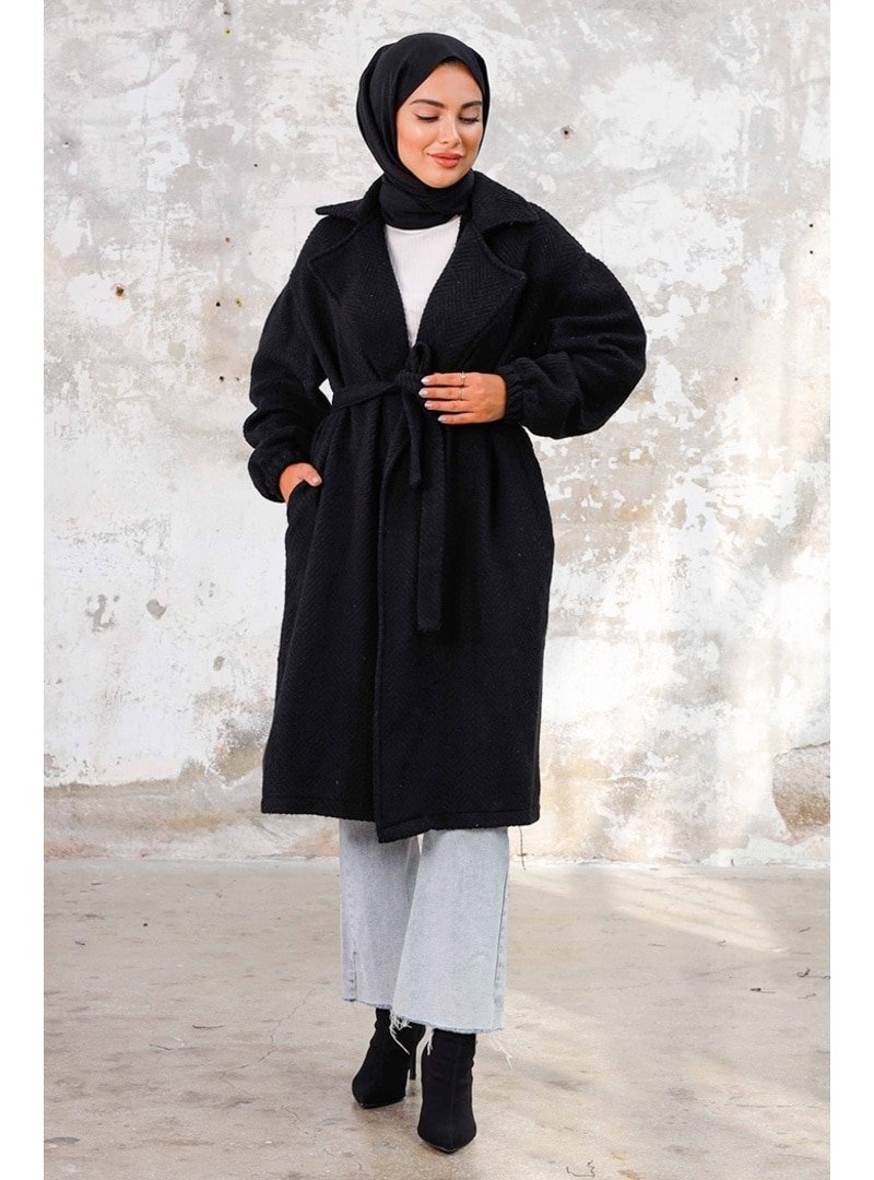 Bestenur Siyah Esilay Kuşaklı Oversize Kap