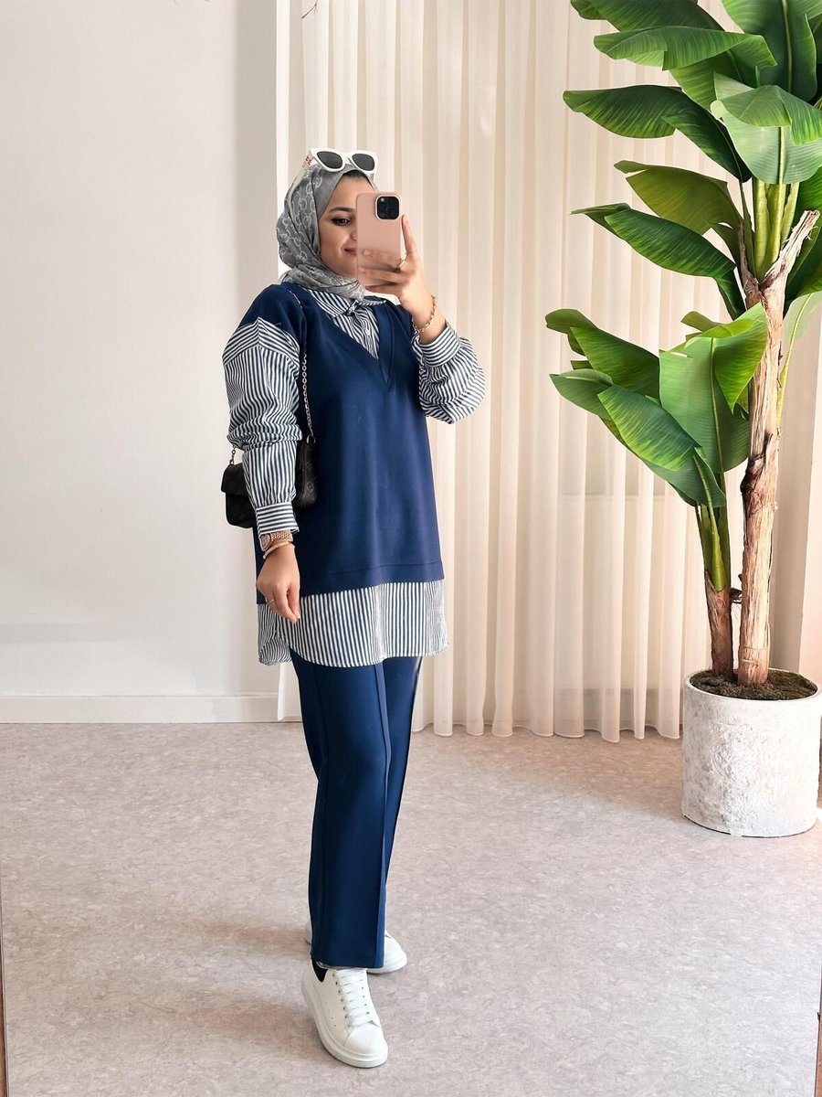 Asel Fashion Modal Gömlek Yaka Çizgili İkili Takım Lacivert