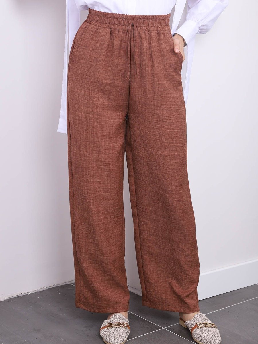 İmajbutik Taba Bel Lastikli Cepli Keten Pantolon