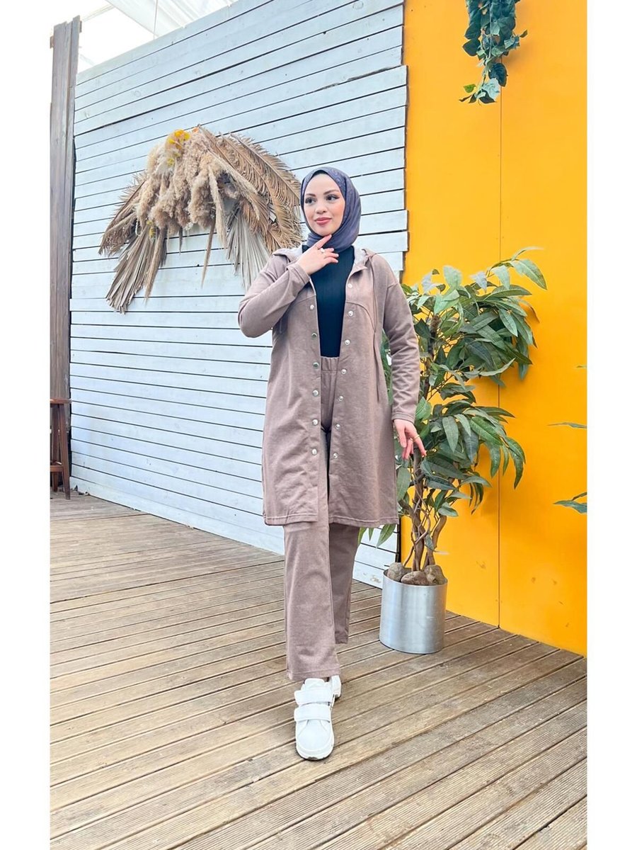 Bwest Çıtçıtlı Kapüşonlu Uzun Tunik Pantolon İkili Eşofman Takımı Vizon