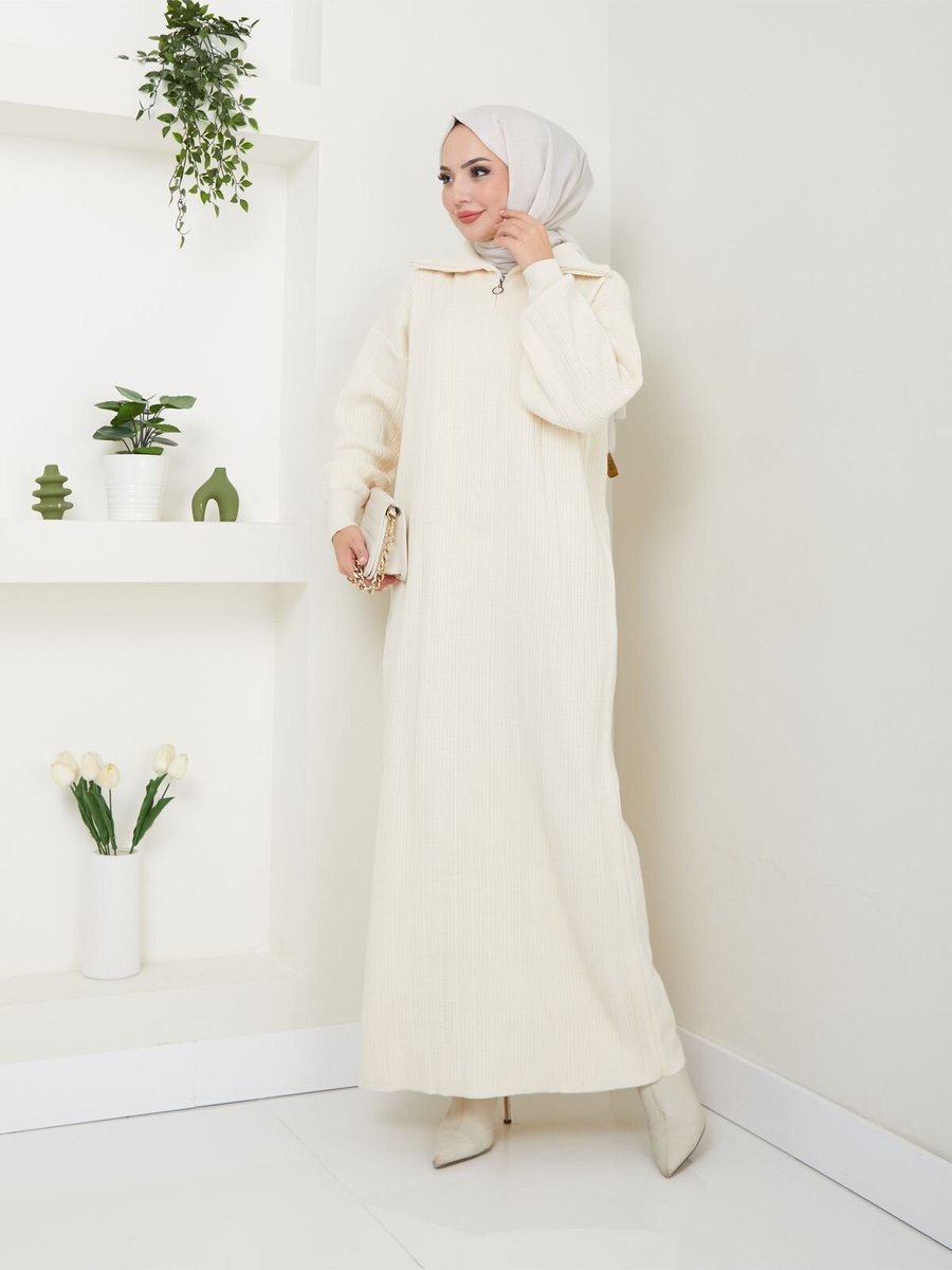 VOLT CLOTHİNG Ekru Fermuarlı Triko Elbise