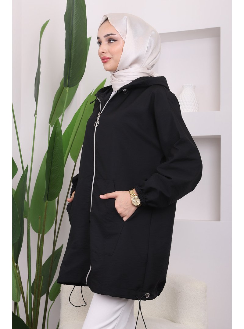 İmaj Butik Siyah Kapüşonlu Fermuarlı Trençkot