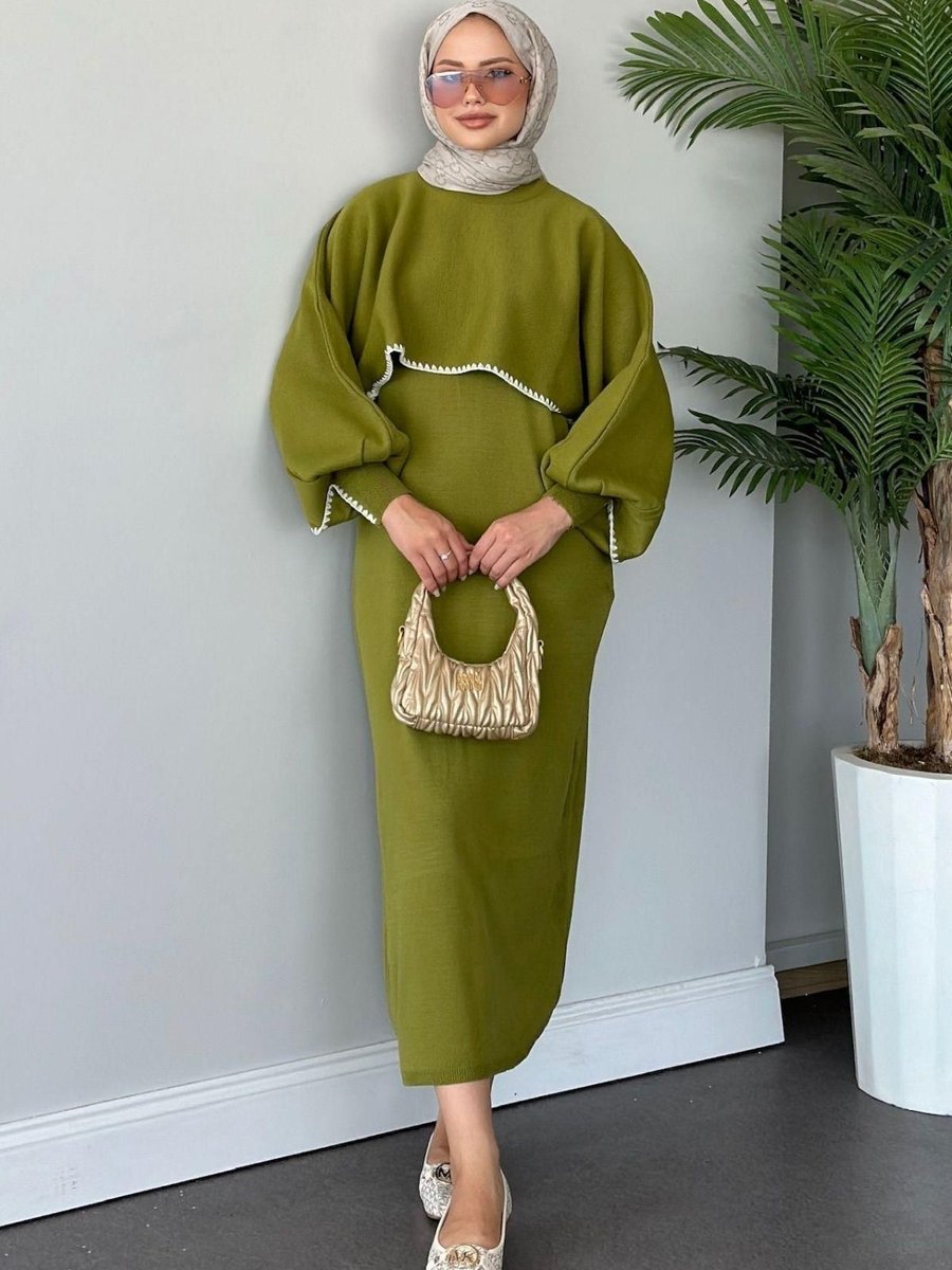 Haza Moda Crop Görünümlü Triko Elbise Yağyeşili