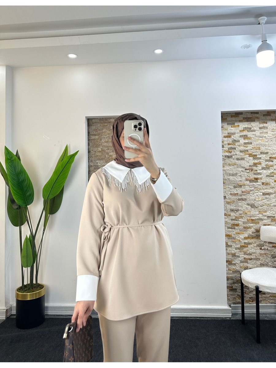 Bmk Boutique Scuba Kumaş İnci Detaylı Tunik Takım