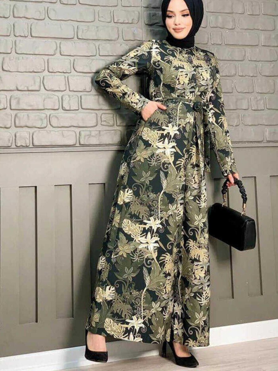 Bym Fashion Güğüs Kısmı Gizli Düğmeli Bel Kuşaklı Baskı Desenli Tulum Siyah