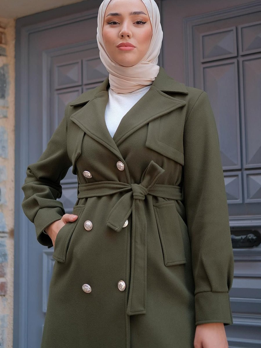 Hafsamina Kuşaklı Düğmeli Kaşe Kaban Haki