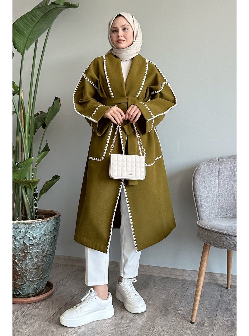 InStyle Çoban Dikiş Kuşaklı Yağ Yeşili Kaşe Kaban